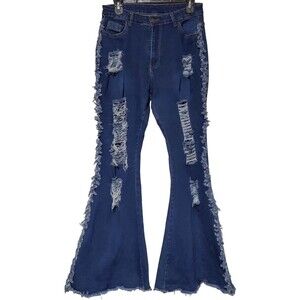 Wide Flare High Rise Distressed Raw Fringe Hem Jeans Size Large, Very Stretchy!